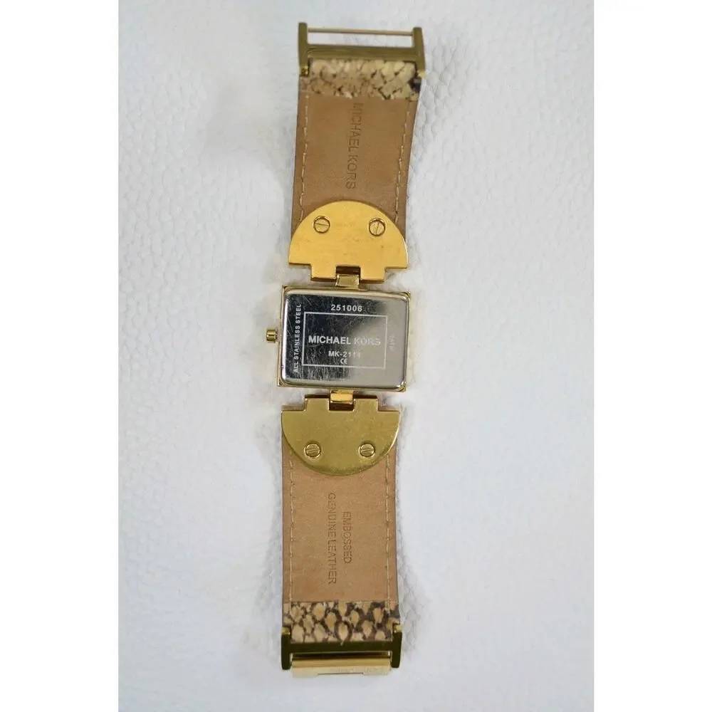 Michael Kors MK2114 Gold Square Watch Brown Python Snake Leather Band Date Dial